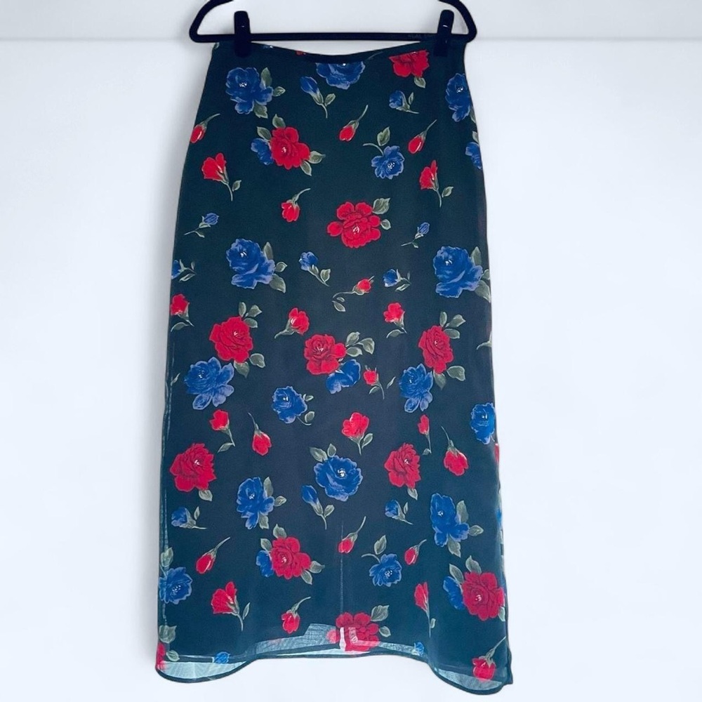 Blue and Red Rose Printed Black Maxi Skirt
